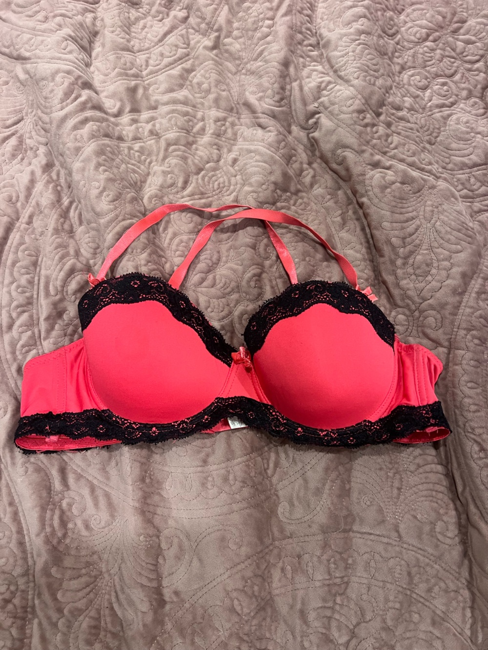 Women's Coral and Black Lace Push-Up Bra